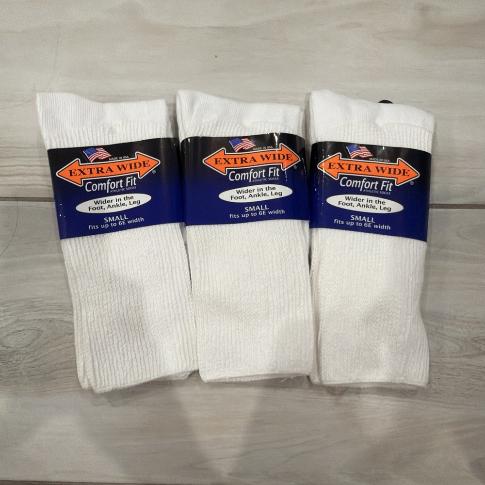Extra Wide Comfort Fit Athletic Socks 3 Pair White SMALL 6E Width Style 6000 USA
